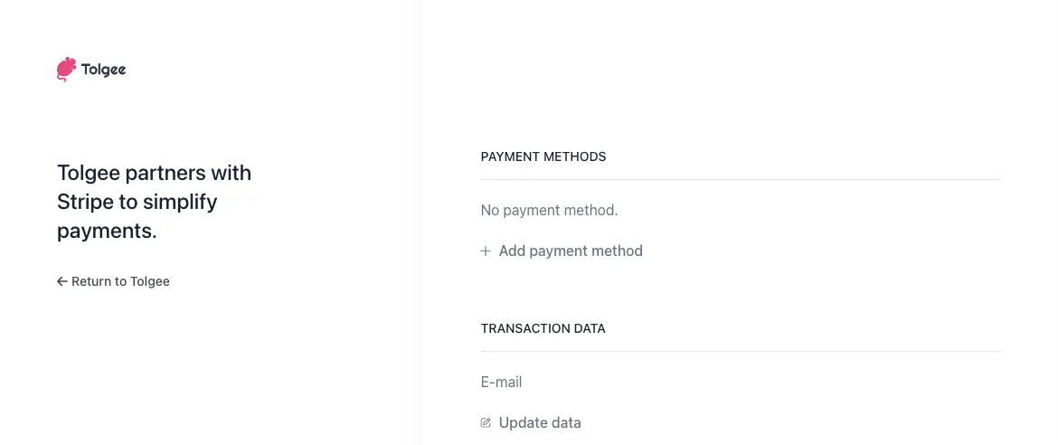Screenshot from redirected stripe website with the view of Payment methods and transaction data